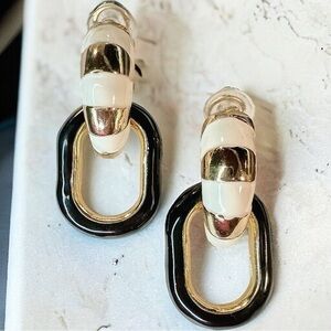 NEW Gold, Black & White Striped Interlocking Link Large Hoop Statement Earrings
